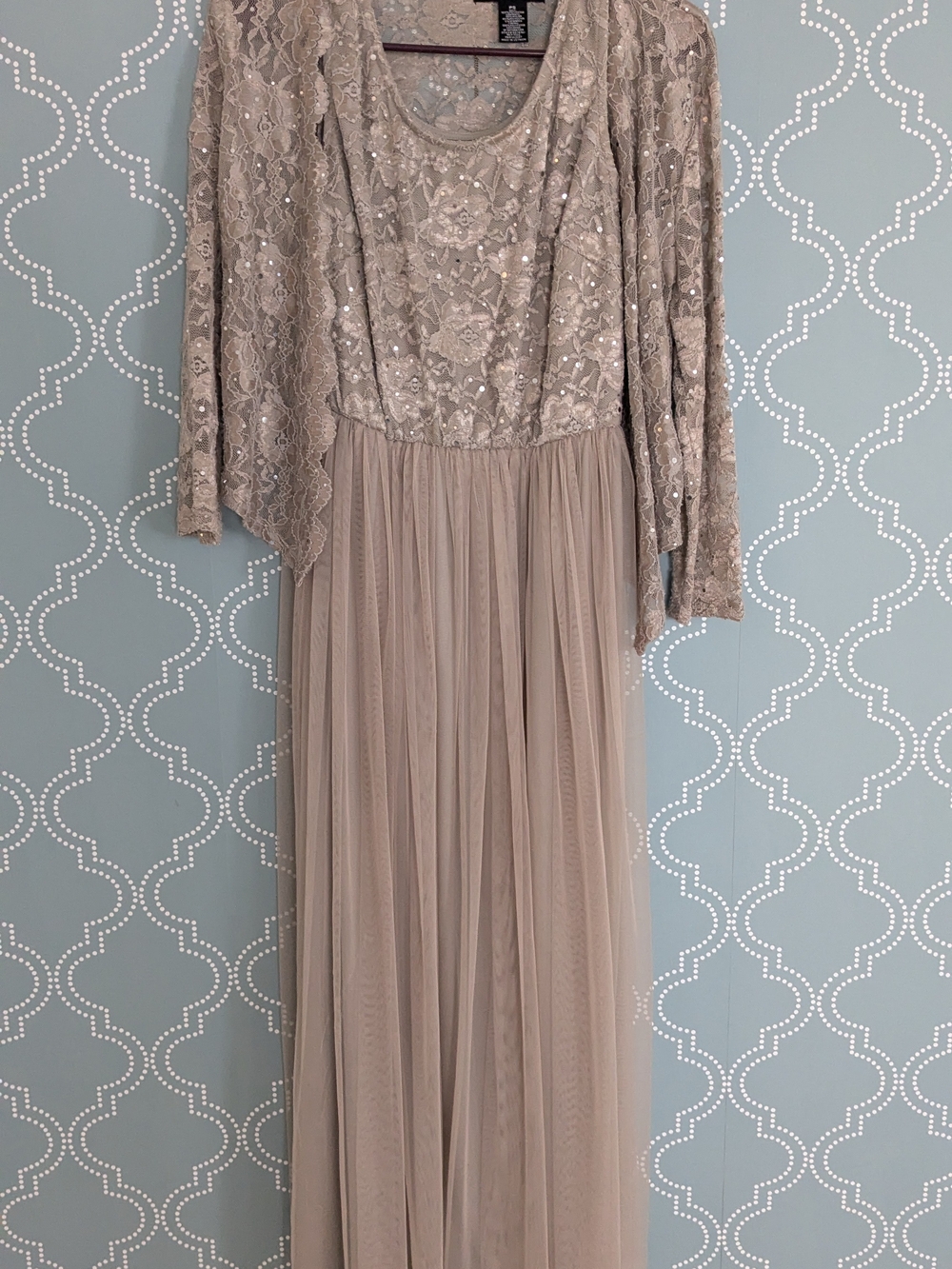 Sequined Lace Maxi Dress in Taupe